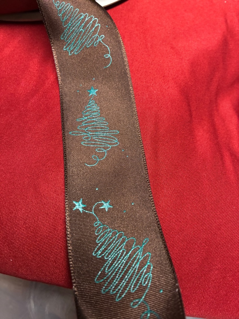 Holiday Ribbon with Teal Tree Design - Brown